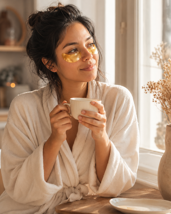 Mujer con parches BIOAQUA tomando cafe